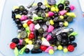 Multicolored fishing weights. Weights of baits. Fishing accessories. Royalty Free Stock Photo