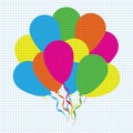 Multicolored flat balloons on a blue squared grid paper