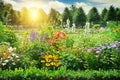 Multicolored flowerbed in park.