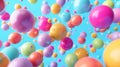 Multicolored flying spheres in different sizes with colorful rainbow matte balls. Modern background.