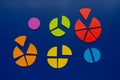 Multicolored fractions, chart on a blue background. Close up parts of math fractions. Back to school, fun study, mathematics.