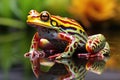 a multicolored frog resting on a lily pad in a clear pond