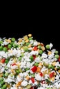 Multicolored frozen vegetables at the bottom of the frame on a black background