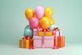 Multicolored gift boxes and balloons for a birthday banner with copy space Royalty Free Stock Photo