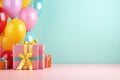 Multicolored gift boxes and balloons for a birthday banner with copy space Royalty Free Stock Photo