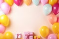 Multicolored gift boxes and balloons for a birthday banner with copy space Royalty Free Stock Photo