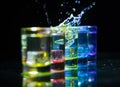 Multicolored glasses filled with alcoholic drinks, with splases of ice cubes falling inside, standing on the mirror surface. Black