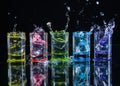 Multicolored glasses filled with alcoholic drinks, with splases of ice cubes falling inside, standing on the mirror surface. Black