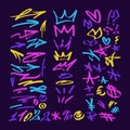 multicolored graffiti elements set marker,arrows,crown,heart and stars, bright colored Vector illustration