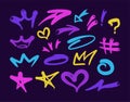 multicolored graffiti elements set spray,arrows,crown,heart and stars, bright colored Vector illustration