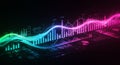 Multicolored graph on a dark background, featuring glowing bar and line charts.