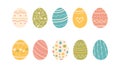 Multicolored hand drawn Easter eggs set. Doodle style Shell decorated with different shapes, lines and circles in various colors. Royalty Free Stock Photo