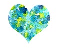 Multicolored hand drawn watercolor cyan and yellow sweet heart with flowers isolated on white background. Gradient