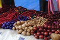 multicolored handmade wood beads, traditional rustic decoration of the cis countries on the counter.