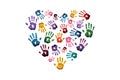 Multicolored handprints arranged in the shape of a heart on a white background. Symbol of diversity, unity and