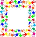Multicolored handprints double border on white background. Royalty Free Stock Photo