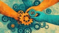 Multicolored hands assembling gears, concept of teamwork and collaboration