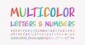 Multicolored handwritten alphabet letters, numbers, punctuation marks. Bright modern lettering font rainbow colors