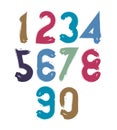 Multicolored handwritten numbers, doodle brushed figures,