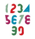 Multicolored handwritten numbers, vector doodle brushed figures, hand-painted set of numbers with brushstrokes.