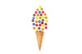 Multicolored hard shell chocolate candies and a wafer cone