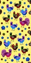 Multicolored hens and cockerels, flowers and paisley on a light yellow background. Seamless pattern