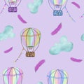 Multicolored hot air balloons flying across clouds and pink feathers on pink background. Seamless pattern. travel, adventure, sky, Royalty Free Stock Photo