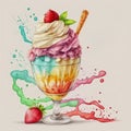 Multicolored ice cream with strawberries in a glass with splashes of paint illustration in a watercolor style.