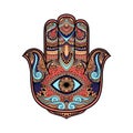 Multicolored illustration of a hamsa hand symbol. Hand of Fatima religious sign with all seeing eye. Vintage boho style. Vector il