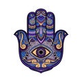 Multicolored illustration of a hamsa hand symbol. Hand of Fatima religious sign with all seeing eye. Vintage boho style. Vector il