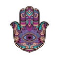 Multicolored illustration of a hamsa hand symbol. Hand of Fatima religious sign with all seeing eye. Vintage boho style. Vector il