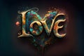 Multicolored illustrative design with the word love. Creative visual effects.