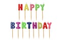 Multicolored inscription Happy birthday candles letters on wooden stick isolate on white background