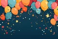 multicolored joyful birthday party background with copy space, balloons and vibrant confetti