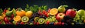 Multicolored, juicy vegetables and fruits on a table, healthy and wholesome food