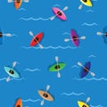 Multicolored kayaks with paddlers on blue water background. Seamless pattern colored kayaks and paddlers for water sport