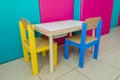 Multicolored Kids Table and Chairs Wooden Furniture Set. Special Education Study Place for Toddlers in a Classroom