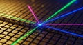 Multicolored laser light convergence on microchip grid Royalty Free Stock Photo