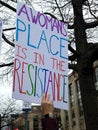 Multicolored letters printed on a sign from the original Women`s March January 2017