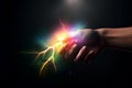 Multicolored lightning on the bank icon put on your hand the background. Generative AI