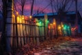 multicolored lights wrapped around a rustic fence