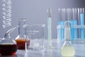 Multicolored liquids in laboratory containers
