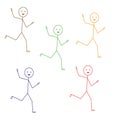 Multicolored little men running in the same direction, human figures pictogram