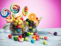 Multicolored lollipops, candy and chewing gum Royalty Free Stock Photo