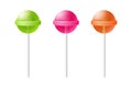 Multicolored lollipops. Green caramel candy on stick pink delicious dessert