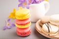 Multicolored macaroons with spring snowdrop crocus flowers and cup of coffee on gray pastel background. side view, close up, Royalty Free Stock Photo