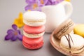 Multicolored macaroons with spring snowdrop crocus flowers and cup of coffee on gray pastel background. side view, close up, Royalty Free Stock Photo