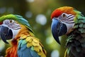 Multicolored macaw closeup Ara ararauna, exotic bird.