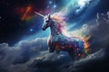 multicolored magical unicorn in the clouds against the background of the night starry sky Royalty Free Stock Photo