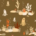 multicolored marine life on the rocks seamless pattern without background
